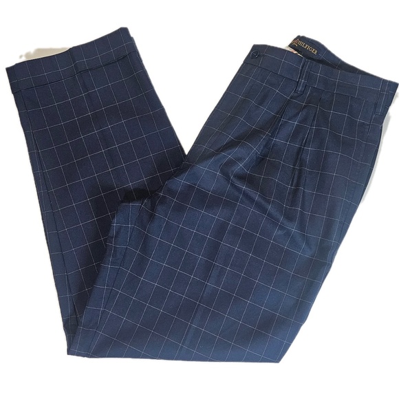 Tommy Hilfiger Pants Mens 36x30 Navy Blue Check Plaid Pleat Front Dress Trousers - Picture 1 of 7